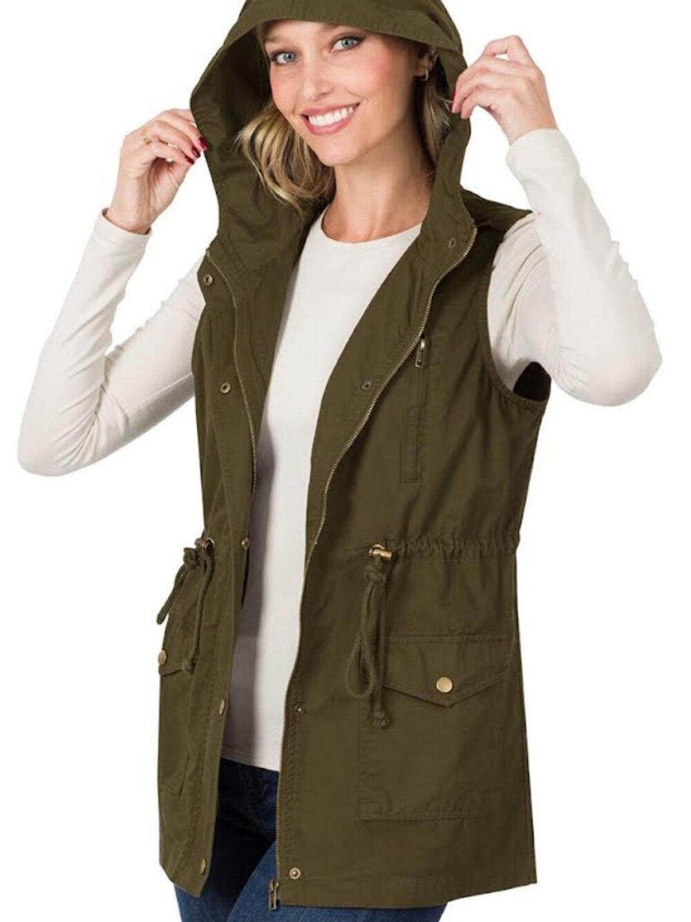Loose fit drawstring waist military hoodie vest
